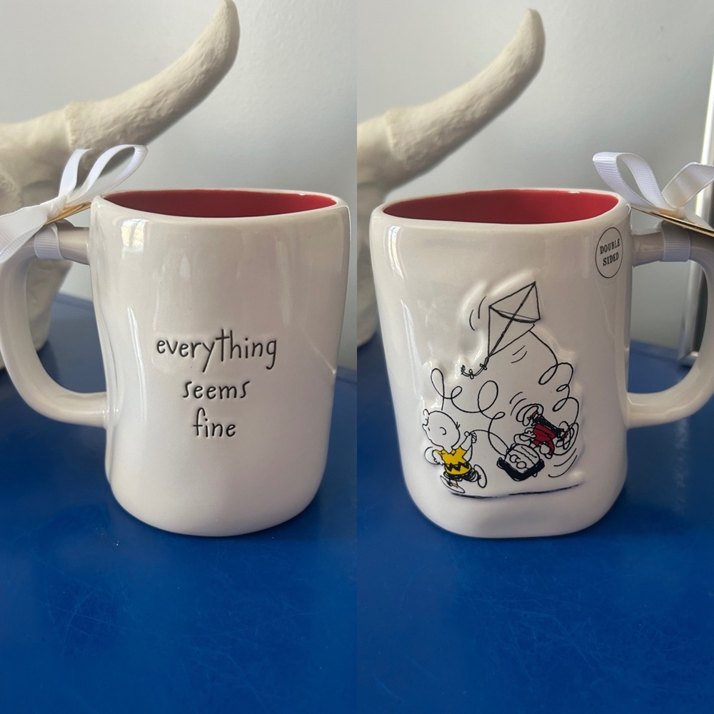 Rae Dunn Peanuts Charlie Brown Marcie Flying Kite Everything Seems Fine Mug